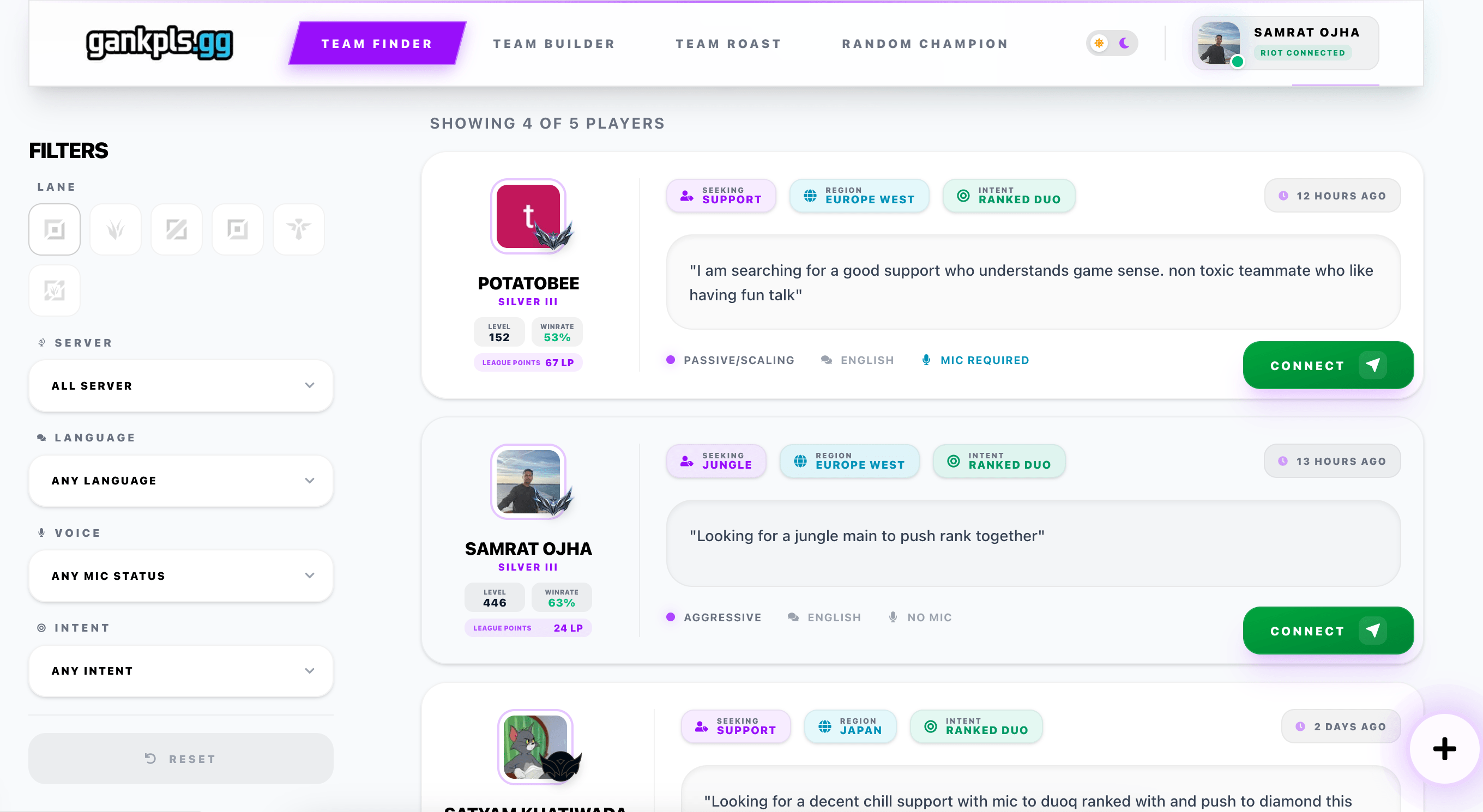 Gankpls League of Legends Teammate Finder Interface